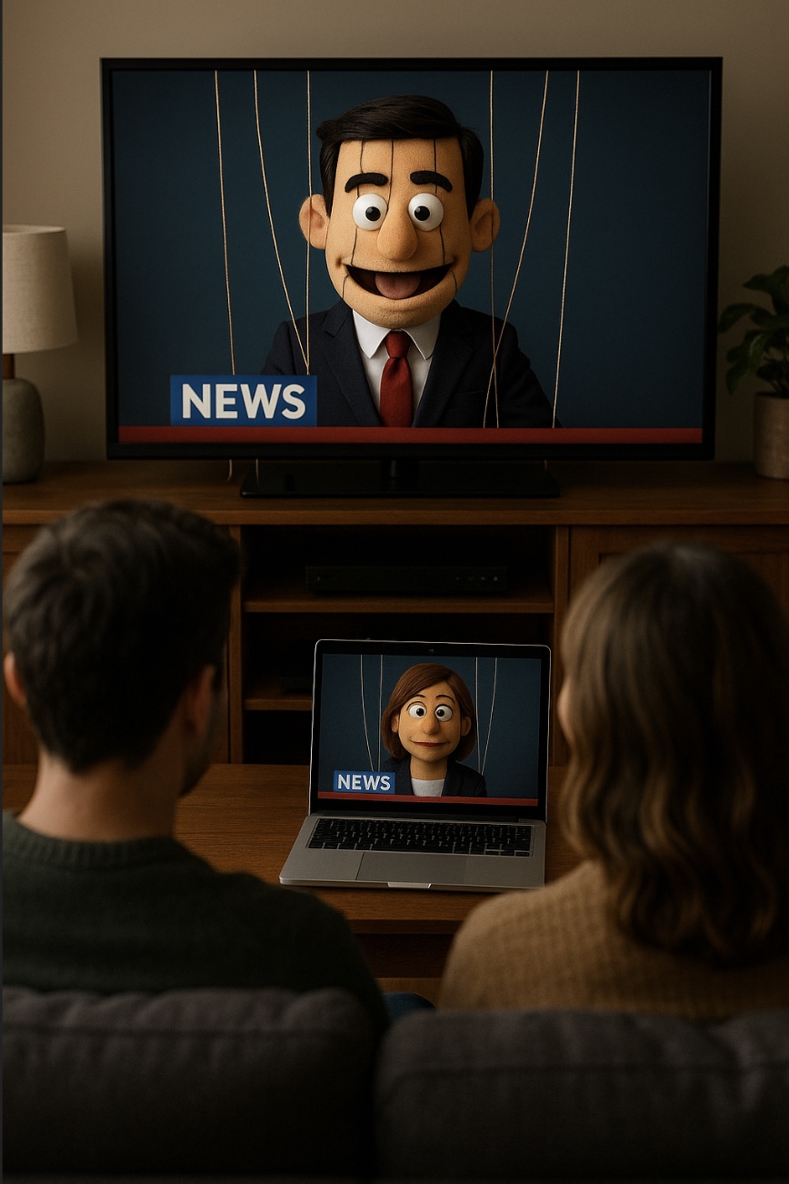 Viewers sit in a living room watching a puppet news anchor with strings on a TV, while a second lady puppet news reporter appears on a laptop on the coffee table