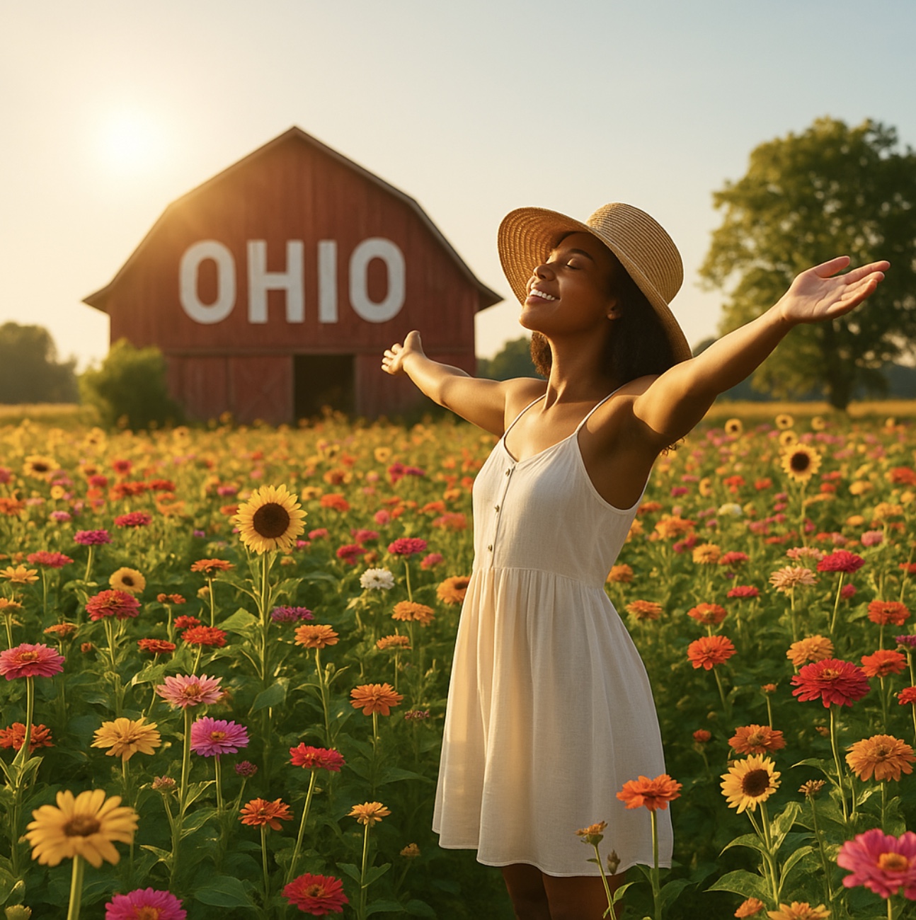 A young woman in a sun hat stands in a field of Ohio wildflowers, reaching toward the sky with sunlight behind her. A red barn in the background has the word "Ohio" painted on it.