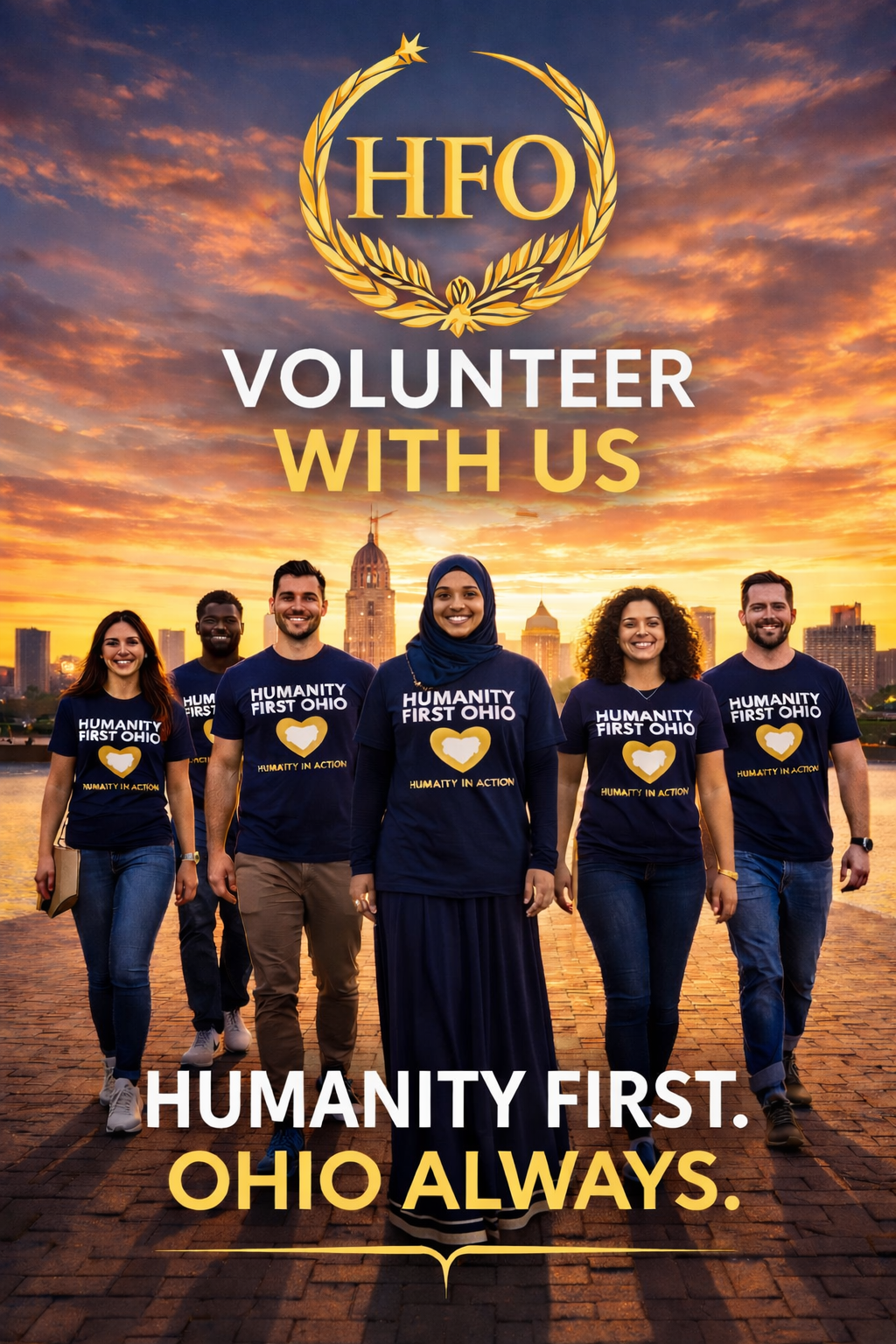 Humanity First Ohio volunteers wearing navy HFO shirts standing together and smiling, representing community-driven civic engagement across Ohio.