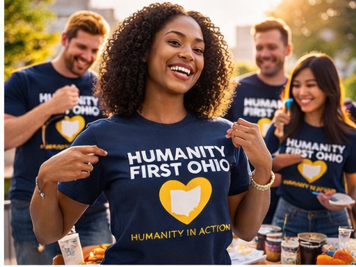 Humanity First Ohio volunteers Wearing navy HFO Shirts at a community Outreach event in Ohio