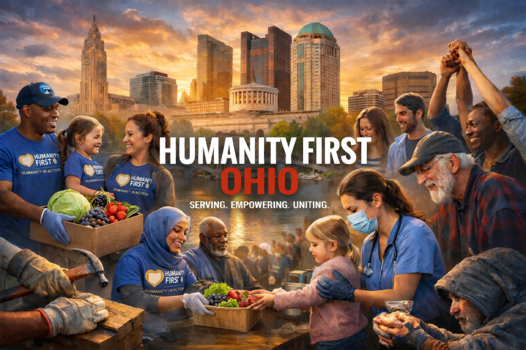 Community volunteers wearing Humanity First Ohio shirts distribute fresh food and provide care to neighbors with the Columbus Ohio skyline at sunrise behind them.