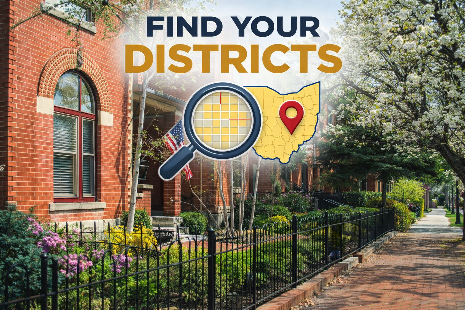 Tree-lined residential street in Columbus Ohio representing local communities with Find Your Districts title and Ohio map graphic